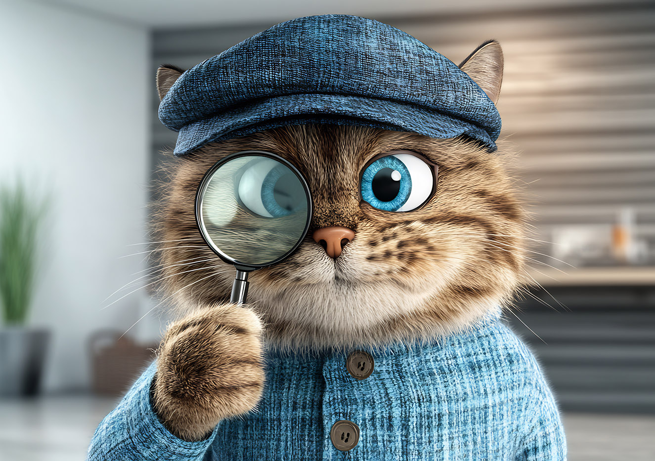 comic cat detective hat magnifying glass