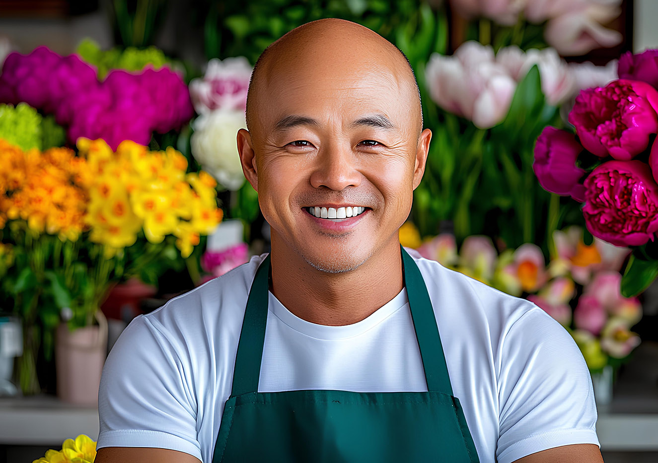 Middle-aged bald Asian male business owner in a green apron running a flower shop with vibrant tulips and roses.
