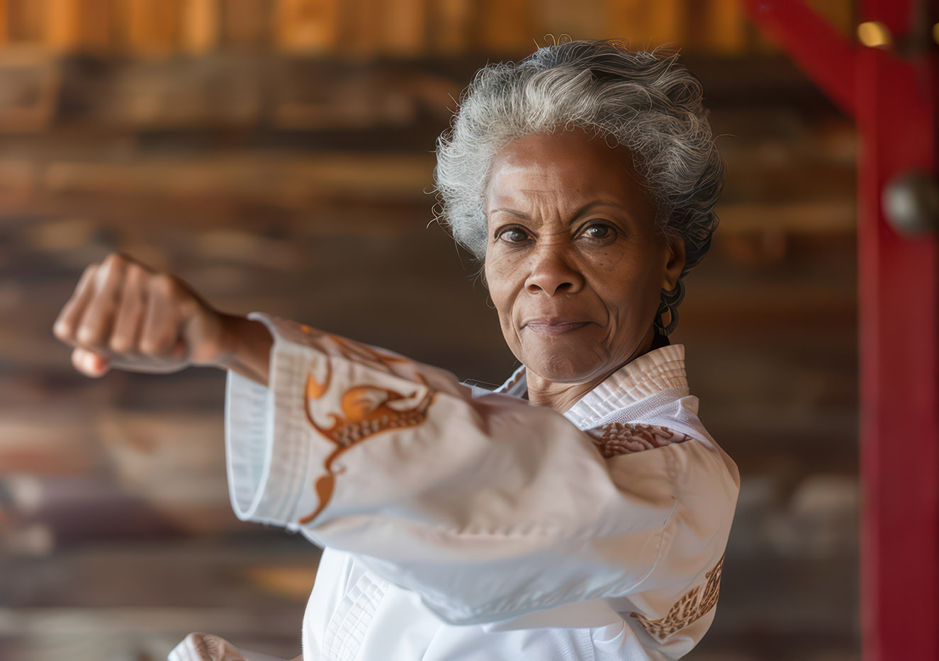 A determined woman showcases her martial arts skills in a serene